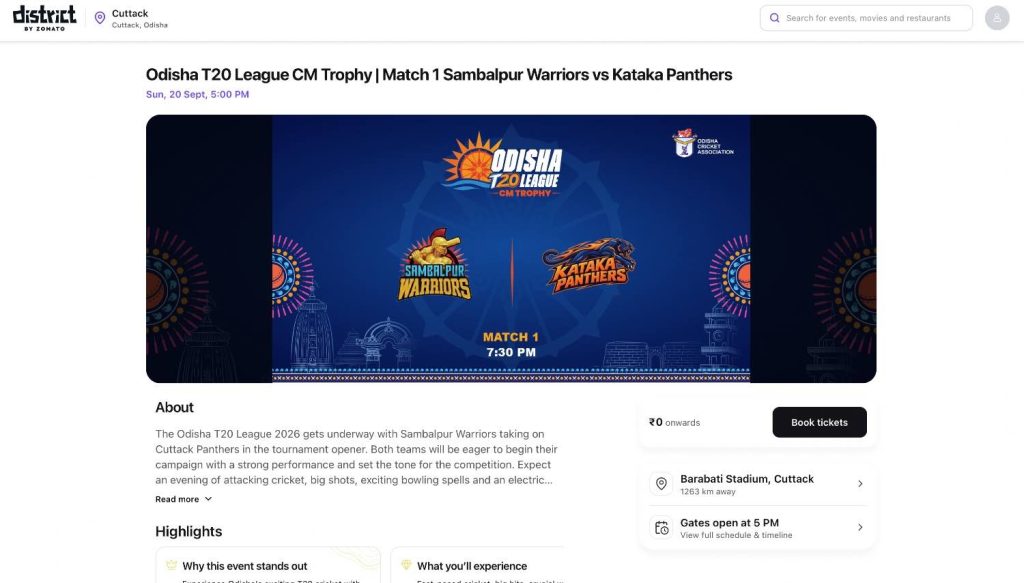 Odisha T20 League Tickets on District App Odisha T20 League Tickets on District App